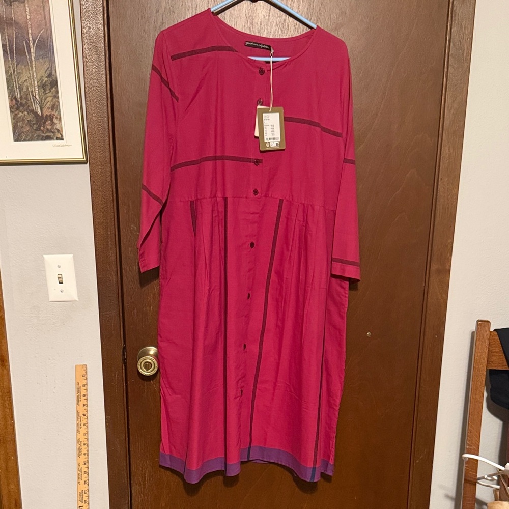 NEW Gudrun Sjoden Lagenlook Cotton Button Down Dress Large Red/Pink NWT